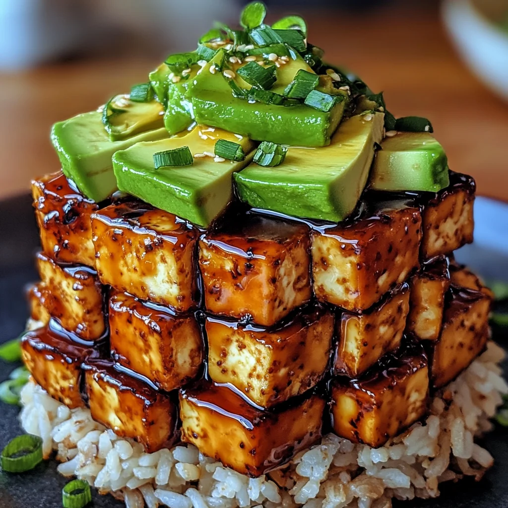 Crispy Teriyaki Tofu and Avocado Rice Stack