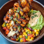 Grilled Shrimp Bowl with Avocado, Corn Salsa & Creamy Sauce