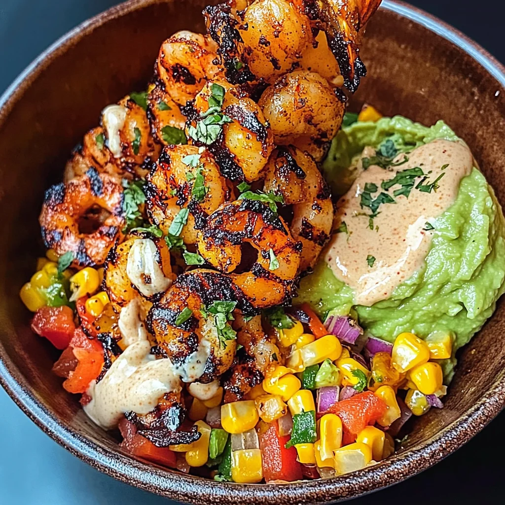 Grilled Shrimp Bowl with Avocado, Corn Salsa & Creamy Sauce