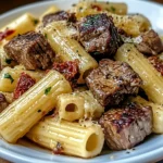 Garlic Butter Steak Tips with Cheesy Rigatoni