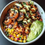 Grilled Shrimp Bowl with Avocado, Corn Salsa & Creamy Garlic Sauce