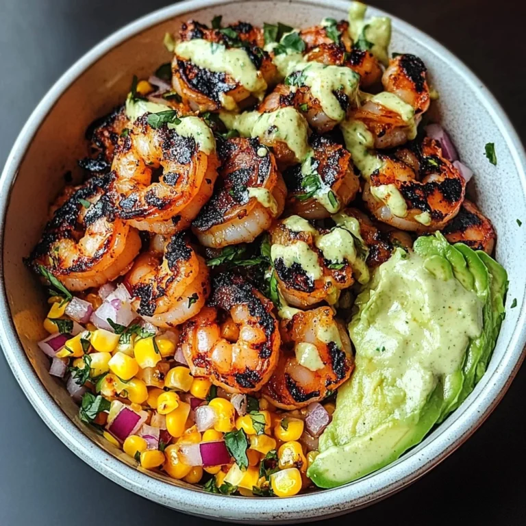 Grilled Shrimp Bowl with Avocado, Corn Salsa & Creamy Garlic Sauce