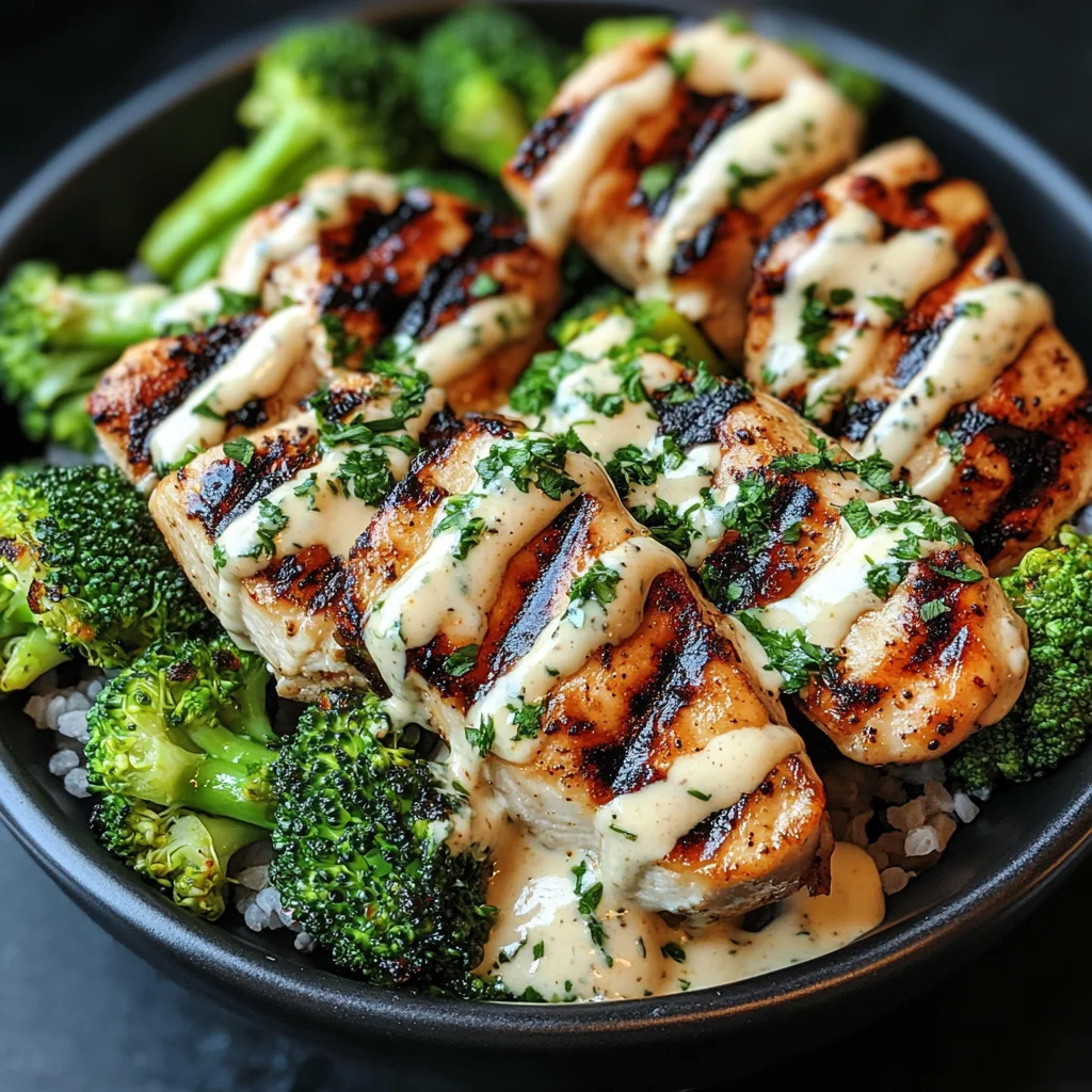 Grilled Chicken & Broccoli Bowls with Creamy Garlic Sauce