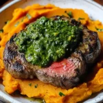 Steak with Green Sauce and Mashed Sweet Potatoes
